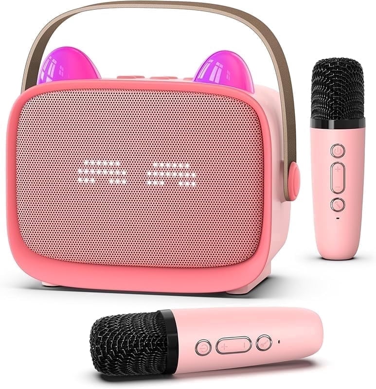 Zeokiar Upgraded Mini Karaoke Machine Toy for Kids, Portable Bluetooth Speaker with 2 Wireless Mics, Emoji & Colorful LED Lights, Home Travel & Party Play Gifts for Boys Girls (Pink)