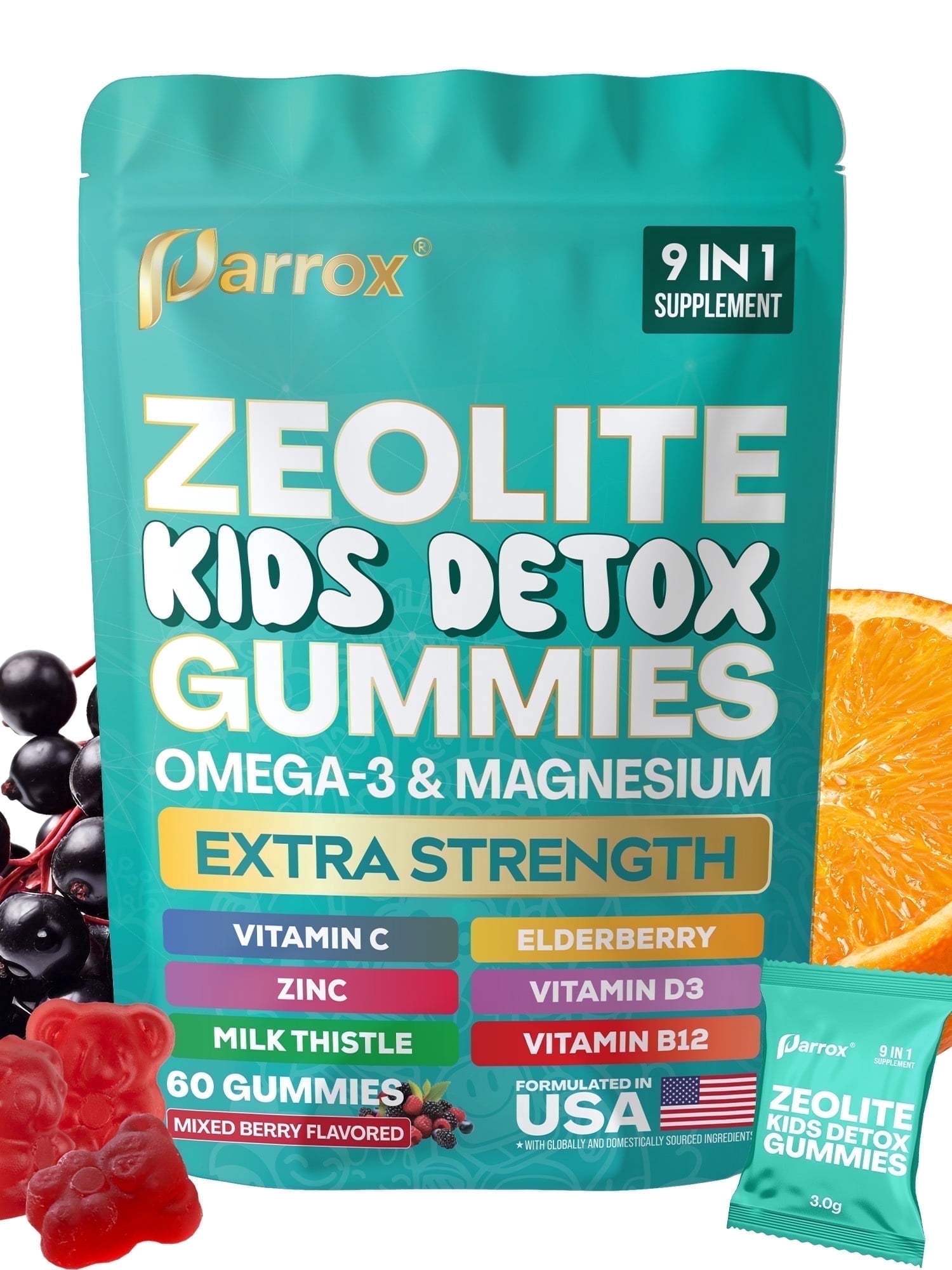 Parrox Zeolite Detox Gummies for Kids, Elderberry Extract 10mg, Kids Detox, Immune & Gut Health, Energy, Brain & Bone, Omega-3, D3, B12, Mixed Berry, 60 count