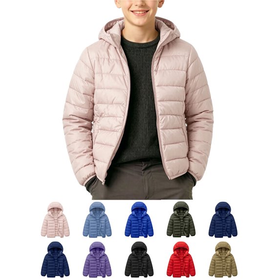 Zeophrasy Boys Hooded Puffer Jacket Quilted Lightweight Winter Coat Full Zip Warm Windproof Outerwear for Kids
