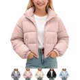 thumbnail image 1 of Zeophrasy Girls Crop Puffer Jacket Quilted Winter Coat Full Zip Stand Collar Lightweight Warm Windproof Short Padded Outerwear for Kids, 1 of 7