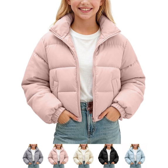 Zeophrasy Girls Crop Puffer Jacket Quilted Winter Coat Full Zip Stand Collar Lightweight Warm Windproof Short Padded Outerwear for Kids