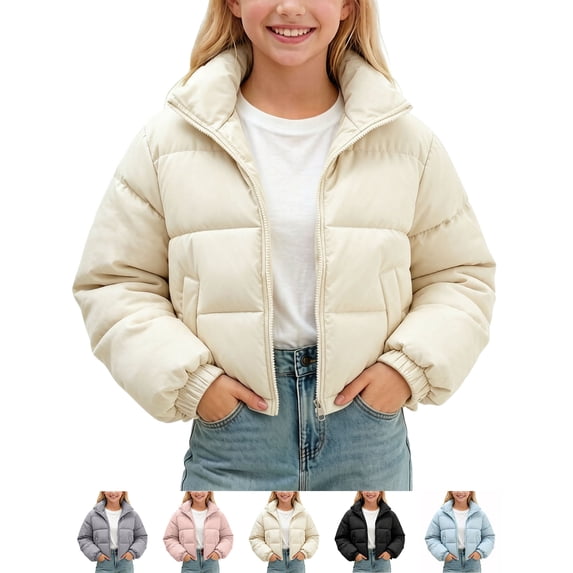 Zeophrasy Girls Crop Puffer Jacket Quilted Winter Coat Full Zip Stand Collar Lightweight Warm Windproof Short Padded Outerwear for Kids