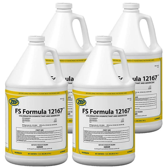 Zep FS Formula 12167 Chlorinated Disinfectant, Sanitizer and Deodorant (1 Gallon Case of 4) - For Food Processing Plants and Food Retail