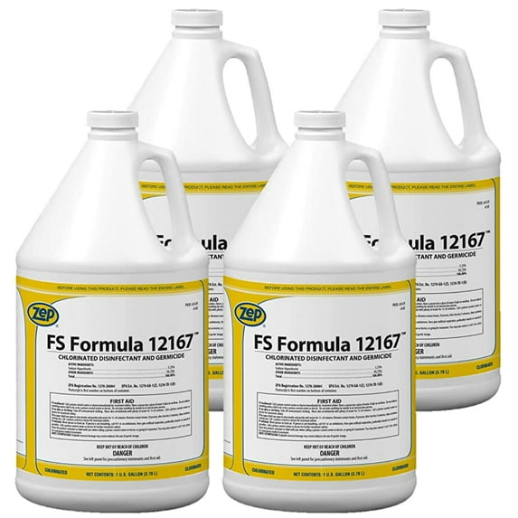 Zep FS Formula 12167 Chlorinated Disinfectant, Sanitizer and Deodorant (1 Gallon Case of 4) - For Food Processing Plants and Food Retail