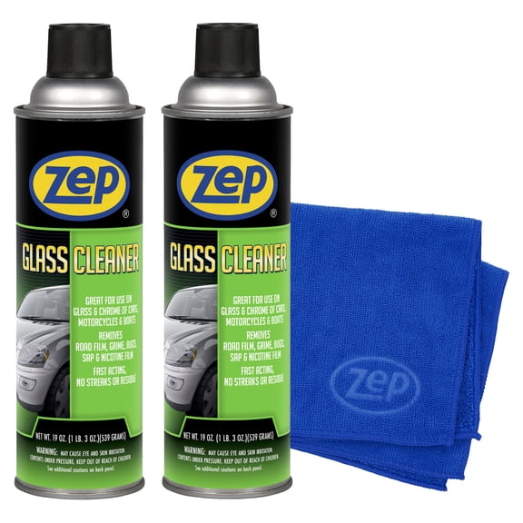 Zep Glass Cleaner 19 oz and Blue Microfiber Rag Streak-Free Auto and Home Glass Cleaner for Windshields Tinted Windows and Chrome