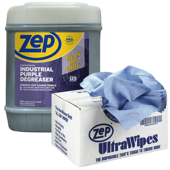 Zep Industrial Purple Cleaner and Degreaser Concentrate + Blue Ultra Wipes Shop Towels - 5 Gal Cleaner and 450 Wipes - R45815 - Zep's Most Powerful Deep Cleaning Formula