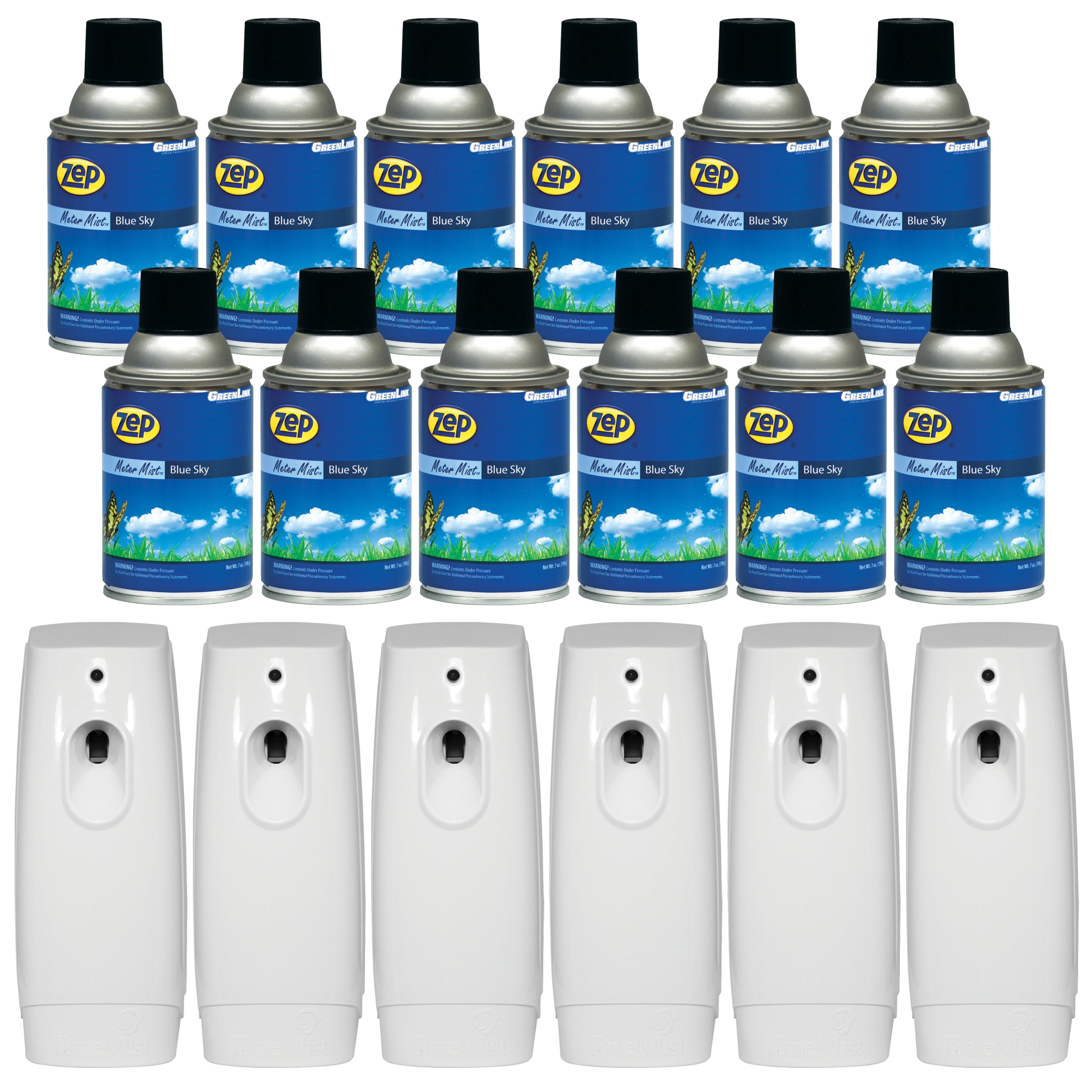 Zep Metered Mist Automatic Aerosol Refill, Blue Sky (Case of 12) with TimeMist Fragrance Dispenser (6) - 336201 - Lasts Up To 30 Days and Neutralizes Tough Odors