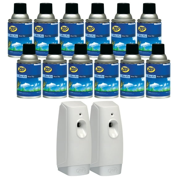 Zep Metered Mist Blue Sky Air Freshener Refill (Case of 12) with Meter Mist 3000 Ultra Dispenser (2 Pack) - 336201 - Lasts Up To 30 Days and Neutralizes Tough Odors