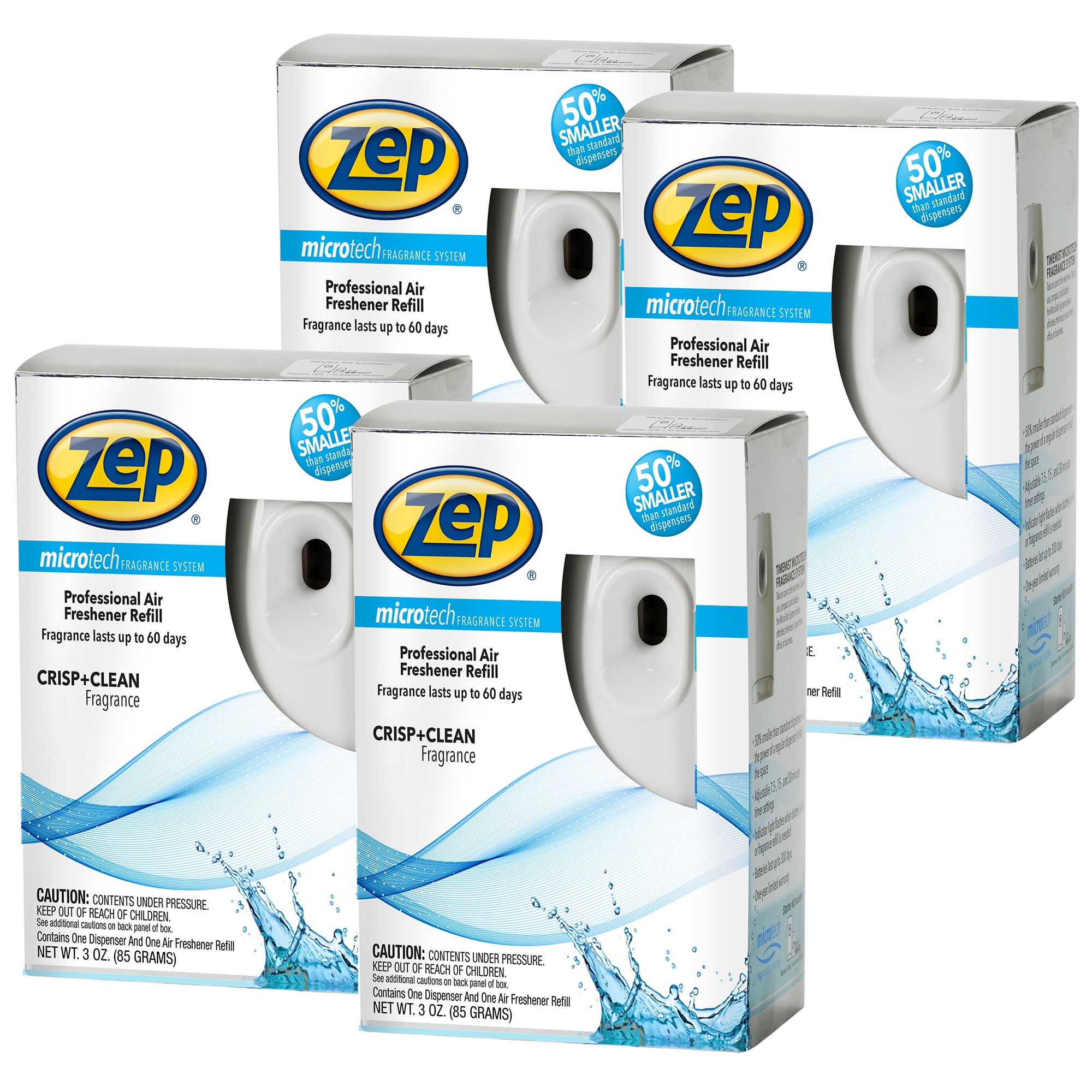 Zep Microtech Starter Kit Metered Air Freshener Dispenser and One Crisp & Clean Fragrance Refill - 3 Ounce (Case of 4) ZUMFKIT14 - Great for Odor Control in Kitchen, Bathroom, Bedroom, and MORE
