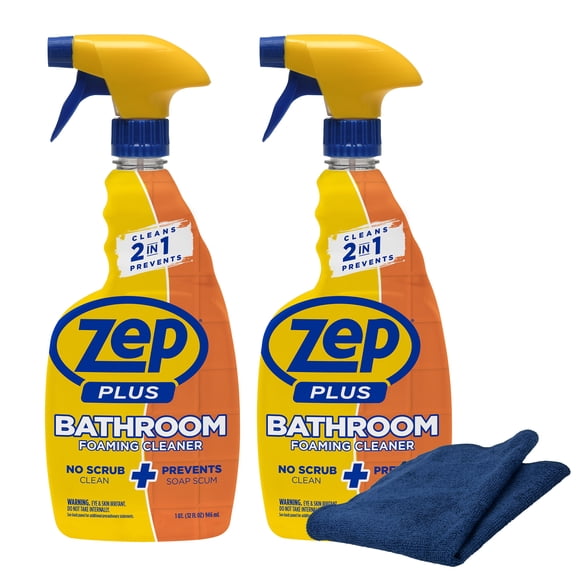 Zep Plus Bathroom Foaming Cleaner 32 oz and Blue Microfiber Rag Soap Scum and Hard Water Bathroom Cleaning Bundle