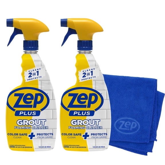 Zep Plus Foaming Grout Cleaner 32 oz and Blue Microfiber Rag Color-Safe Tile and Grout Cleaning for Ceramic Porcelain and Stone