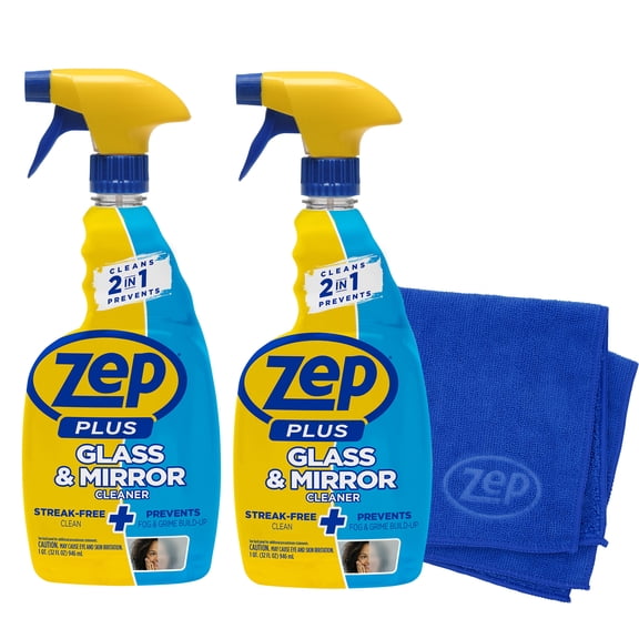 Zep Plus Glass & Mirror Foaming Cleaner 32 oz and Blue Microfiber Rag Ammonia-Free Anti-Fog Streak-Free Mirror and Glass Cleaning
