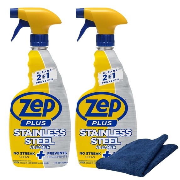 Zep Plus Stainless Steel Cleaner 32 oz and Blue Microfiber Rag Streak-Free Fingerprint Removal for Stainless Steel Appliances