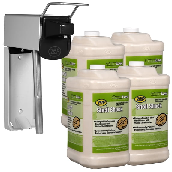 Zep Shell Shock Walnut-Based Pro Hand Cleaner and Zep D-4000 Hand Soap Dispenser - 1 Gal (Case of 4) - 318524 - Biodegradable Soy and Walnut-Based Formula