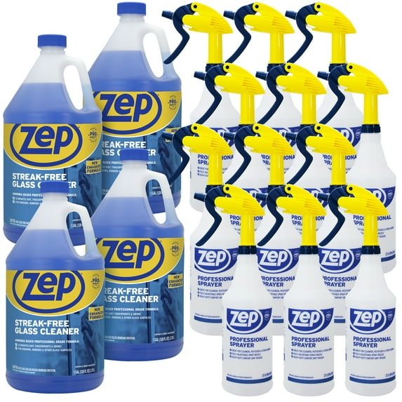 Zep Streak-Free Glass Cleaner 1 Gallon (Case of 4) Professional Sprayer Bottle (Case of 12) - ZU1120128 - Ammonia Based Professional Grade Formula