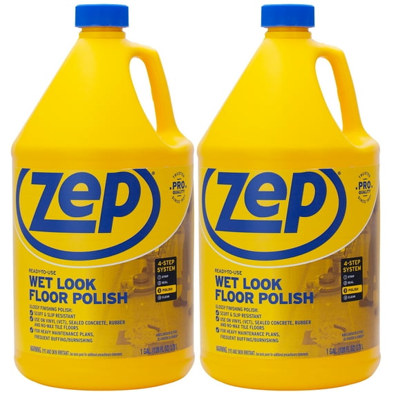 Zep Wet Look Floor Polish - 1 Gallon (Case of 2) ECZUWLFF1282 - Long-Lasting Glossy Finishing Polish for Vinyl (VCT), Concrete, and Tile Floors