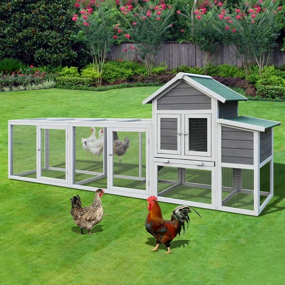 ZephyPaw 122" Large Chicken Coop with Run, Wooden Outdoor Poultry House for 3-6 Chickens,Spacious Hen House with Nesting Boxes, Free-Range Door,Easy-Clean Pullout Tray &Weatherproof Roof (Gray+White)