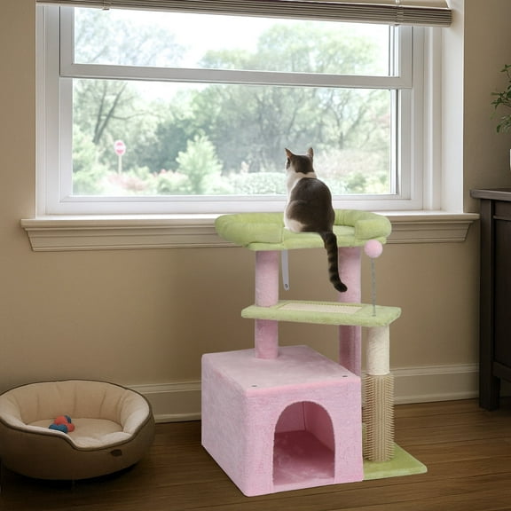 ZephyPaws 29in Cute Cat Tree Kitten Tower for Indoor Cat,Sisal Scratching Posts with Condo,Jump Platform Cat Furniture Play House Pink