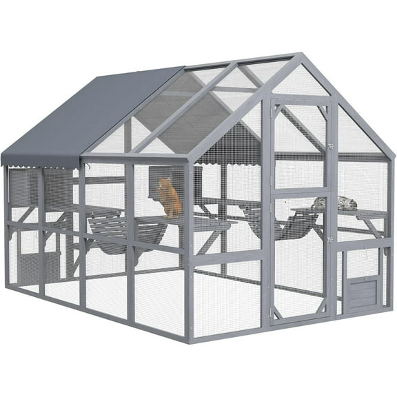 ZephyPaws 110in Large Catio Outdoor Cat Enclosure for Multiple Kittens,Wooden Cat House with Waterproof Cover,Walk in Cat Cage Kennel with 2 Condos, 6 Platforms,Bridge,Doors,Gray