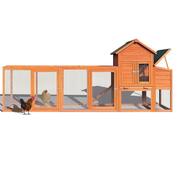 ZephyPaws 122" Large Chicken Coop with Run,Outdoor Chicken Run with Nesting Box,Perch,Wooden Hen House with Ramp,Sliding Trays,Waterproof Poultry Cage with Roof for 3-4 Chickens,Orange