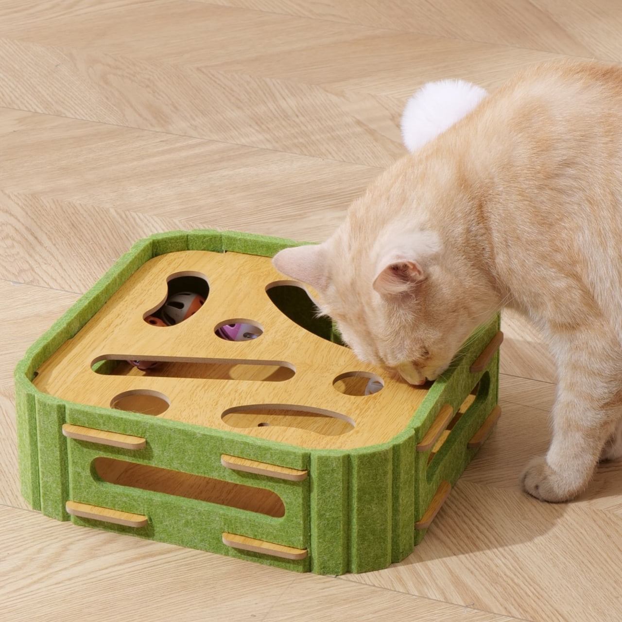 ZephyPaws  12in Eco-Friendly Cat Scratcher Toy with Interactive Balls for Kitten,Felt Sisal Multipurpose Cats Play Board for Playing Clawing Square Design,Green Yellow