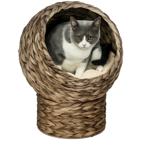 ZephyPaws 16" x 15" Dome Bohemian Handwoven Rattan Cat Bed with Machine-Washable Cushion,Dark Brown and Beige