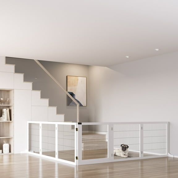 ZephyPaws 170 in Extra Wide Pet Gate,6 Panels Freestanding Dog Gate with Walk Through Door and 2 Support Feet for for Dogs Cats,Foldable Pet Barrier Fence for Stairs Doorways Fireplace,White