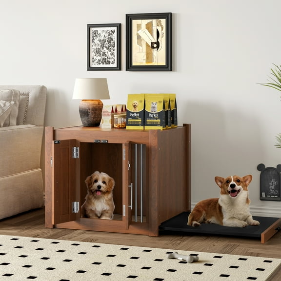 ZephyPaws 2 in 1 Dog Crate with Cushioned Seat, 30.25"L Wooden Dog Kennel End of Bed Bench, Sliding Barn Door Dog Crate Ottoman for Small Medium Dogs, Living Room Bedroom Furniture, Walnut