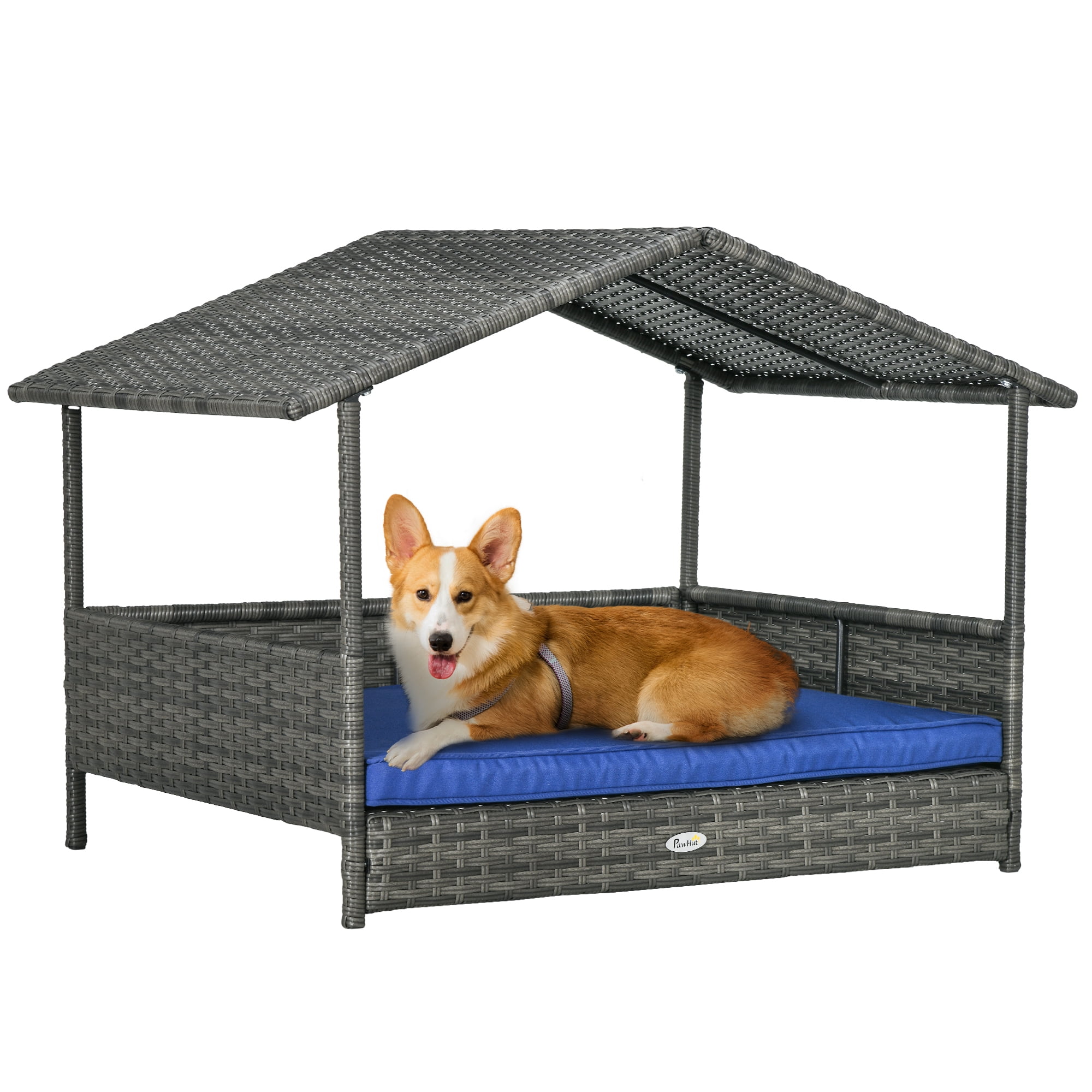 ZephyPaws 2-in-1 Wicker Dog House,Elevated Dog Bed for Indoor/Outdoor with Removable Canopy,Waterproof Large Dog House with Raised Pet Cot Cool,Dark Blue