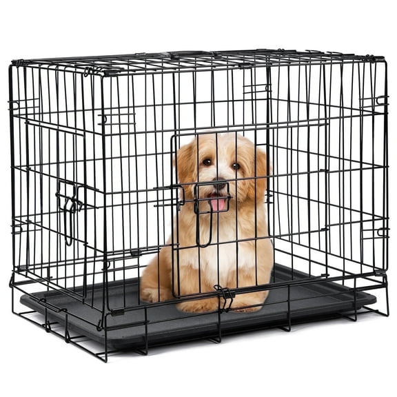 ZephyPaws 24" Foldable Metal Wire Dog & Cat Kennel with Divider Panel and Leak-Proof Tray, Portable Pet Cage for Indoor Outdoor Use, Black