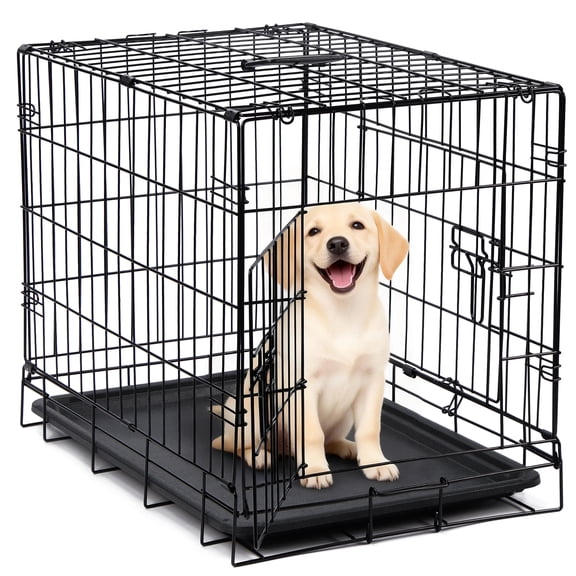 ZephyPaws 24in Double Door Small Dog Crate with Leak- Proof Pan Tray,Folding Metal Wire Pet Kennel for Indoor,Black