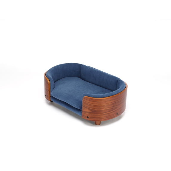 ZephyPaws 26" Luxury Small Pet Sofa Bed with Walnut Wood Frame, Sturdy Legs and Washable Velvet Cushion, For Cats & Small Dogs, Dark Blue