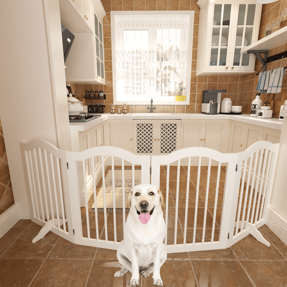 ZephyPaws 27.6H Tall Freestanding Dog Gate Indoor, 80in Width Heavy Duty Wooden Pet Gates with 2 pcs Support Feet for Doorway, Stairs, Halls, Kitchens, Expandable & Foldable Safety Pet Barrier Fence