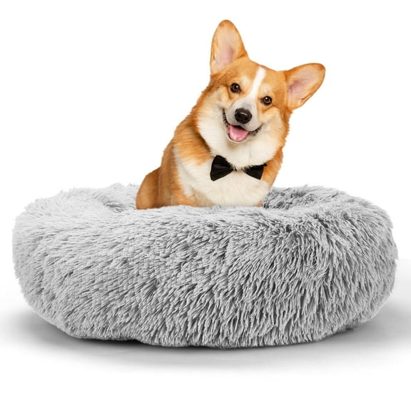 ZephyPaws 27'' Calming Dog Bed & Cat Bed, Anti-Anxiety Donut Dog Cuddler Bed, Warming Cozy Soft Round Dog Bed, Fluffy Faux Fur Plush Dog Cat Cushion Bed for Small Medium Dogs and Cats, Grey
