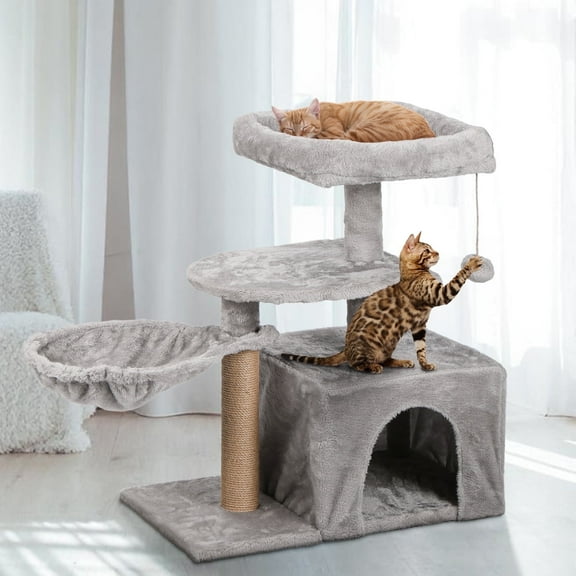 ZephyPaws 28in Cat Tree for Kittens,Cat Tower Condo with Scratching Post Board,Padded Perch,Basket,Gray