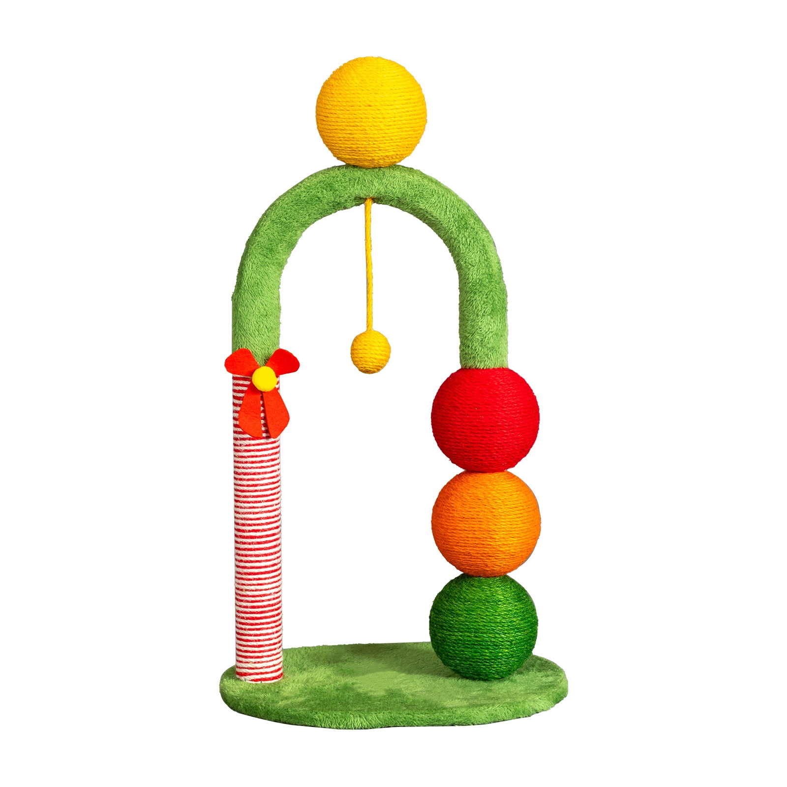 ZephyPaws 29in Christmas Cat Scratching Post with Candy Cane Design, Plush Arch with Colorful Sisal Balls & Hanging Toy Ball, Holiday Cat Scratcher Tower for Indoor Cats, Green & Red