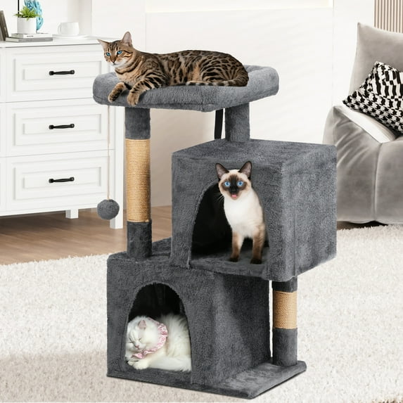 ZephyPaws 30" Cat Tree for Indoor Cats, Multi-Level Cat Tower with 2 Cozy Condos & Sisal Scratching Posts - Soft Padded Perch, Dangling Toys, Stable Design for Small to Medium Cats, Dark Grey