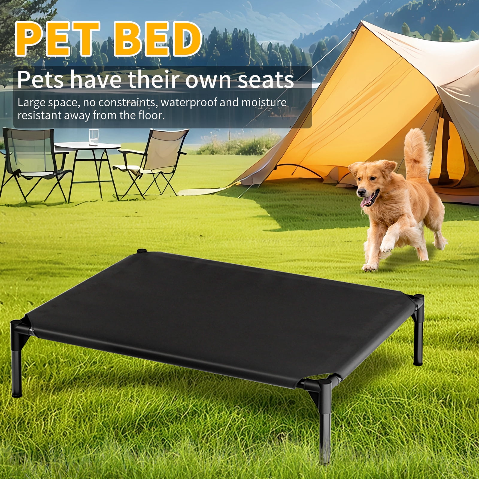ZephyPaws 30in Outdoor Thickened Elevated Dog Cot,Breathable Cooling Elevated Cot Hammock Pet Bed for Puppy,Washable Mesh Cover,Raised Metal Frame,Black