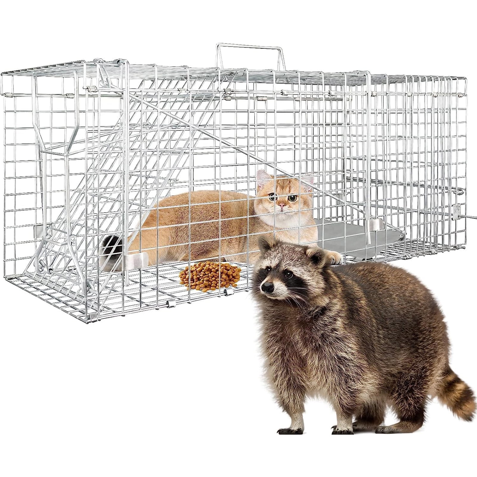 ZephyPaws 32" Live Animal Cage Trap,Humane Cat Trap Galvanized Iron,Heavy Duty Folding Animal Trap with Handle for Rabbits, Stray Cats, Raccoons,Groundhogs and Opossum(31 * 11.4 * 12.5inch)
