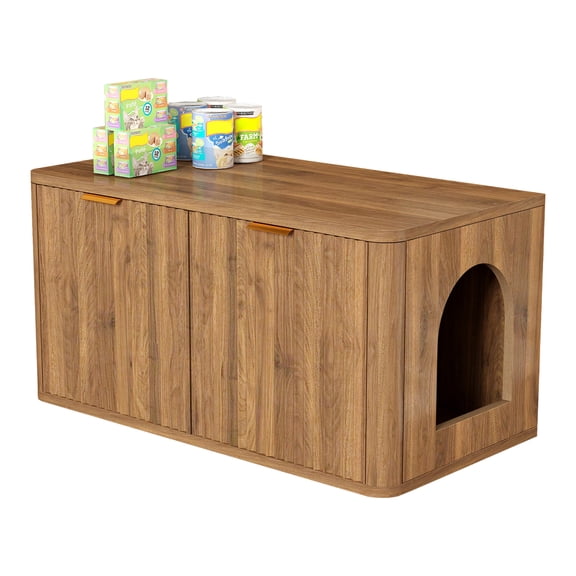 ZephyPaws 32" Walnut Cat Litter Box Enclosure Furniture,Large Decorative Hidden Litter Box Cabinet,Fluted Mid Century Modern Kitty End Table for Living Rooms,Bedrooms,Entryways,Side Entry