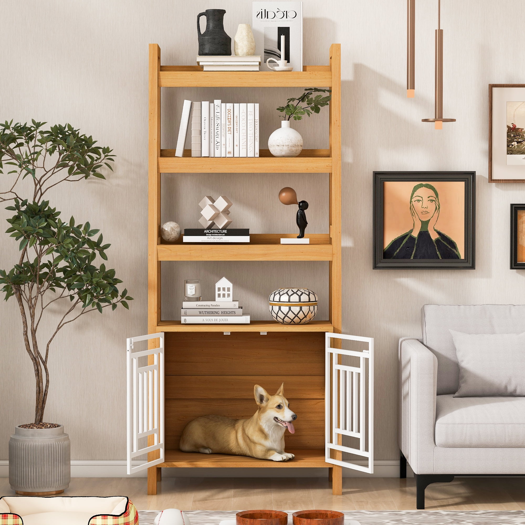 ZephyPaws 33in Dog Crate Furniture with Storage Shelves,Wooden Dog ...