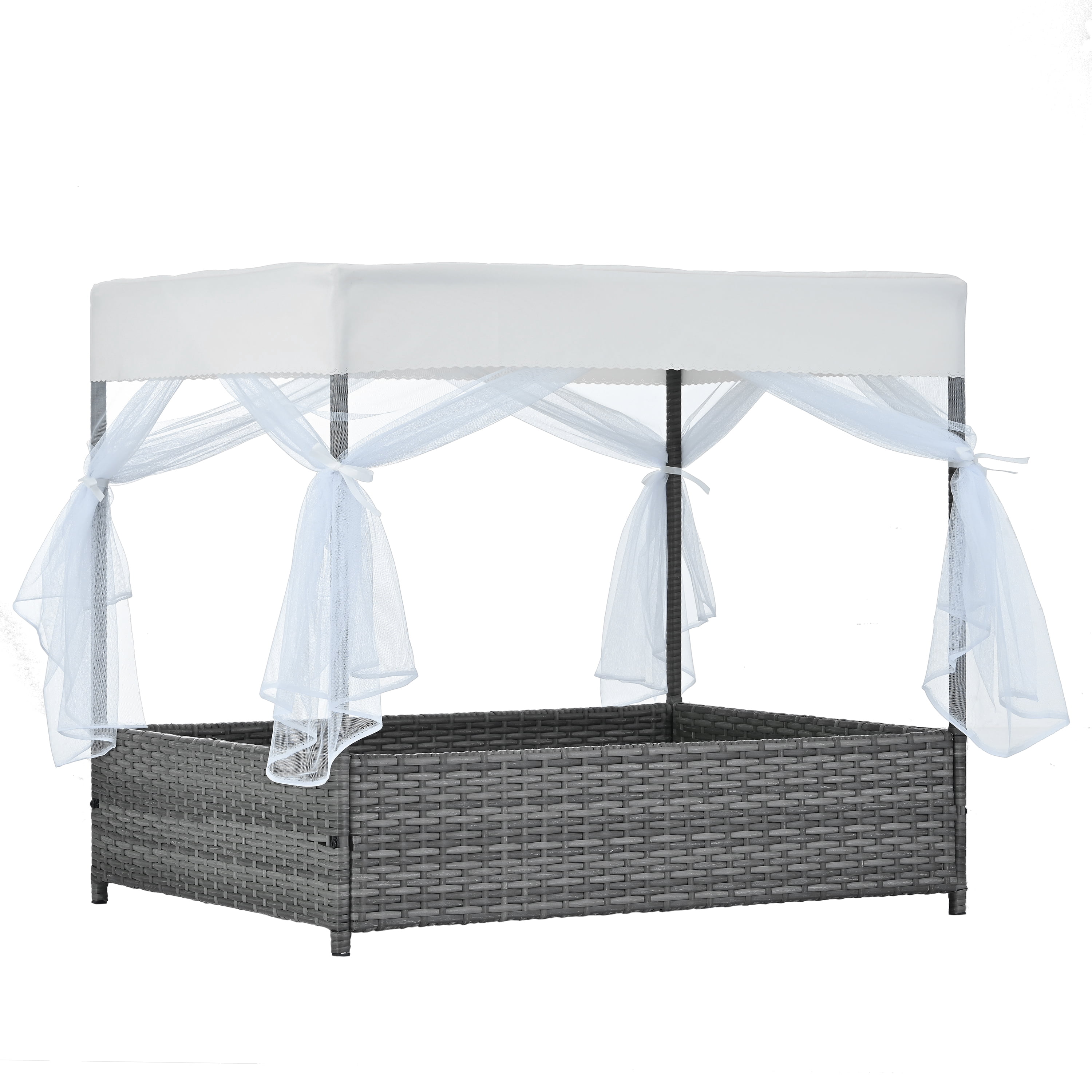 ZephyPaws 36" Dog Bed with Curtain, PE Wicker Pet Patio Furniture, Outdoor Elevated Pet Bed with Canopy & Cushion, Durable PVC Frame for Garden, Patio or Backyard