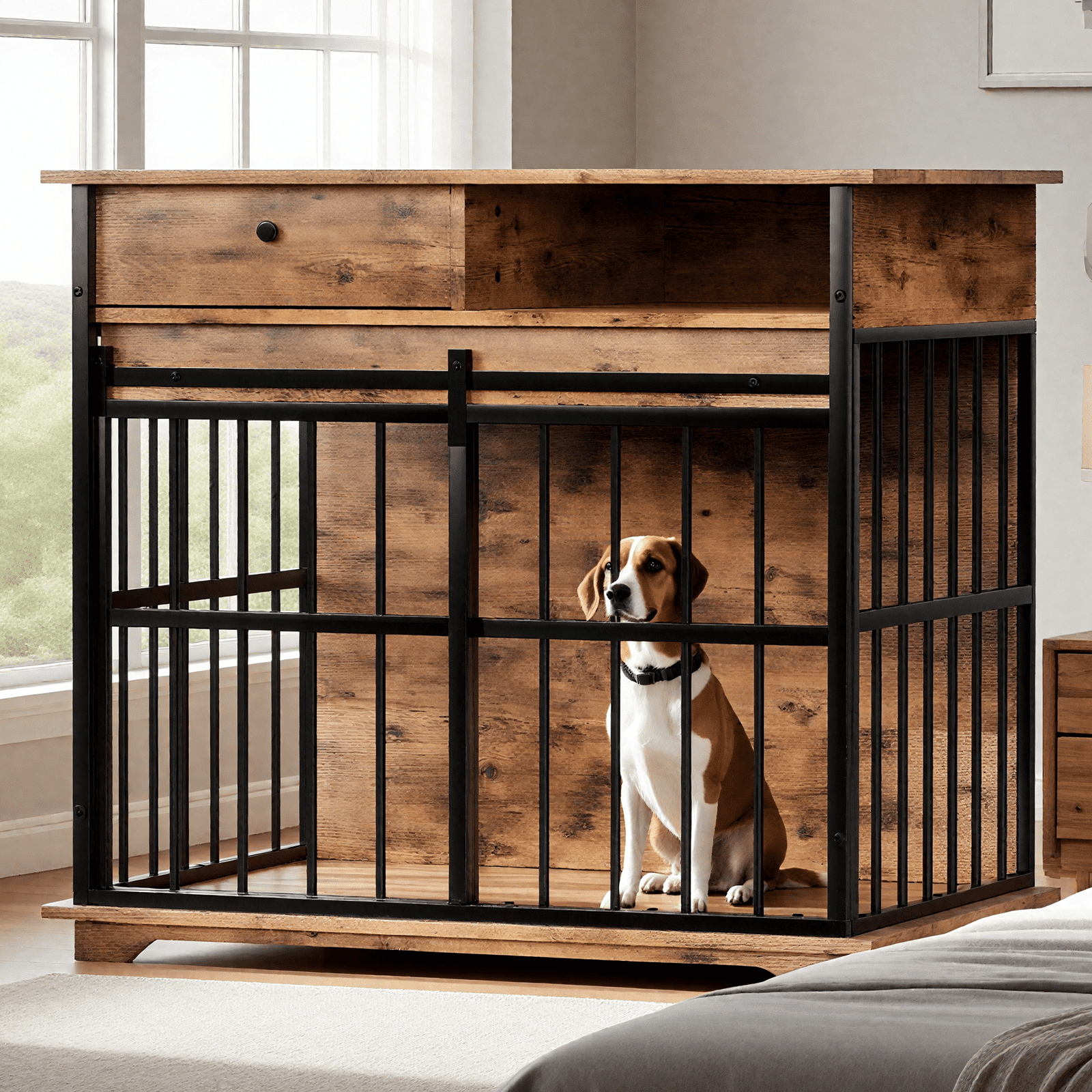 ZephyPaws 36'' Dog Crate Furniture with Storage Drawers,Wooden Double Dog Cage TV Stand with 2 Doors,Multi-Functional Dog Crate End Table for Indoor use,Brown