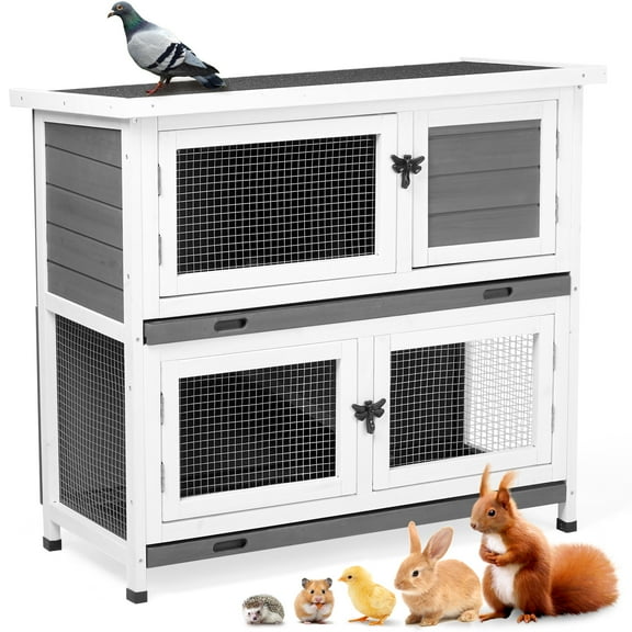 ZephyPaws 36" Wood Rabbit Hutch Bunny Cage with 2 Rooms & 2 Pull-Out Tray, Indoor Outdoor Rabbit House Guinea Pig Cage Small Wooden Chicken Coop with Waterproof Asphalt Roof, Ventilator Door, Ramp