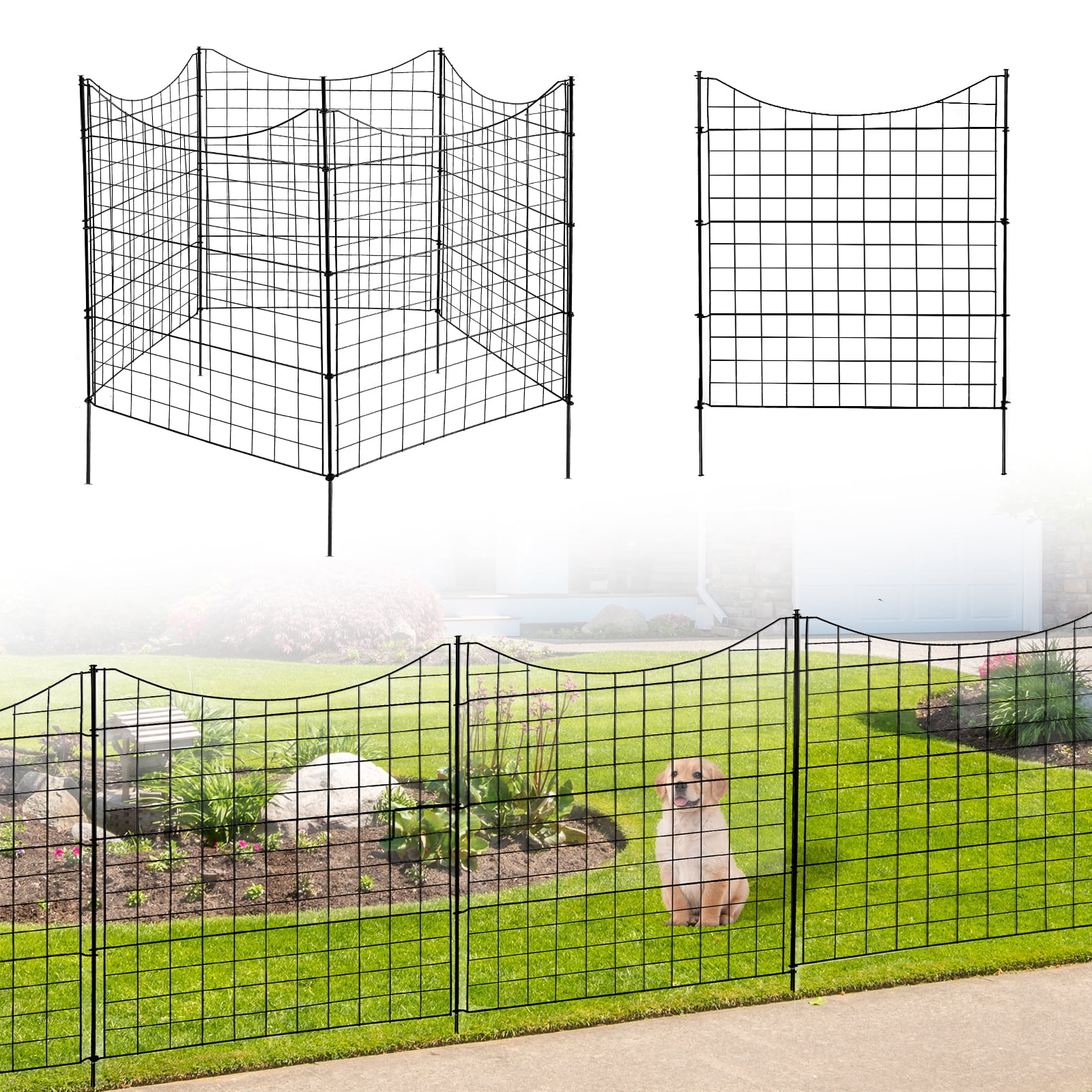 ZephyPaws 36"x39" 5-Panel Metal Garden Fence No Dig Decorative Animal Barrier, Rustproof Steel Landscape Border Fencing for Yard Lawn Patio Flower Bed Protection, Black