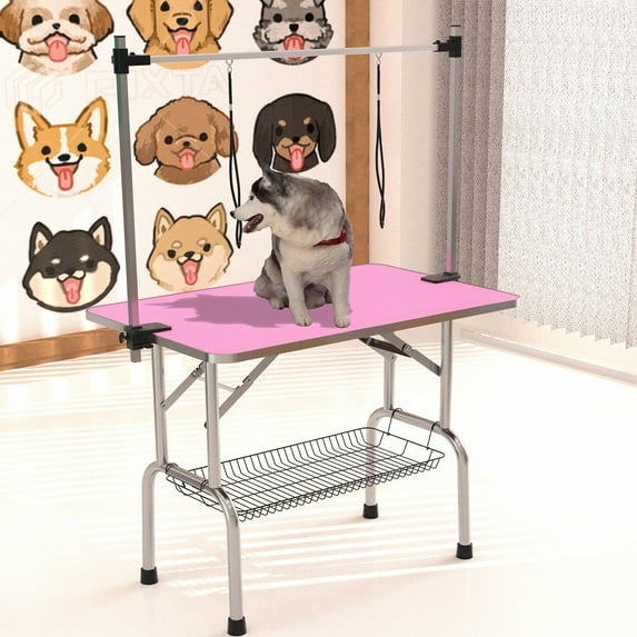 ZephyPaws 36in Pet Grooming Table for Small Dogs,Adjustable Height,Foldable,Anti-Slip Surface,with Arms,Nooses,Mesh Tray,Pink
