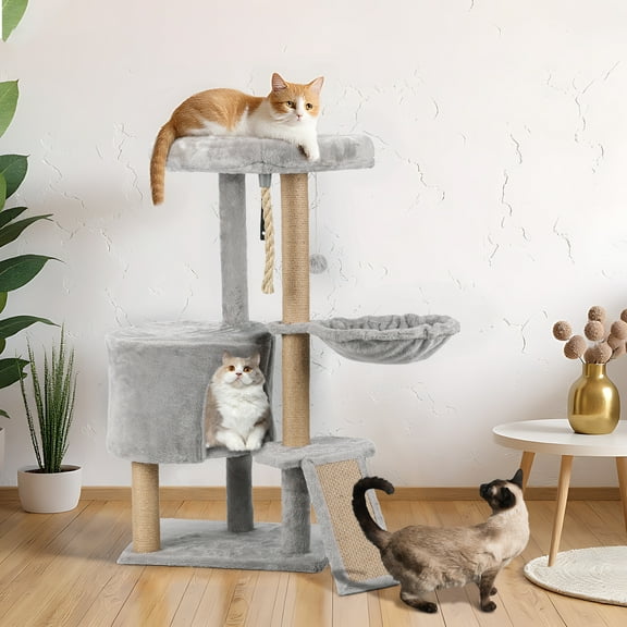 ZephyPaws 37" Small Cat Tree with Large Cat Condo - Multi-Level Cat Tower for Indoor Cats, Spacious Kitten House with Scratching Board, Sisal Rope, Hammock & Perch - Stable Cat Furniture (Light Gray)
