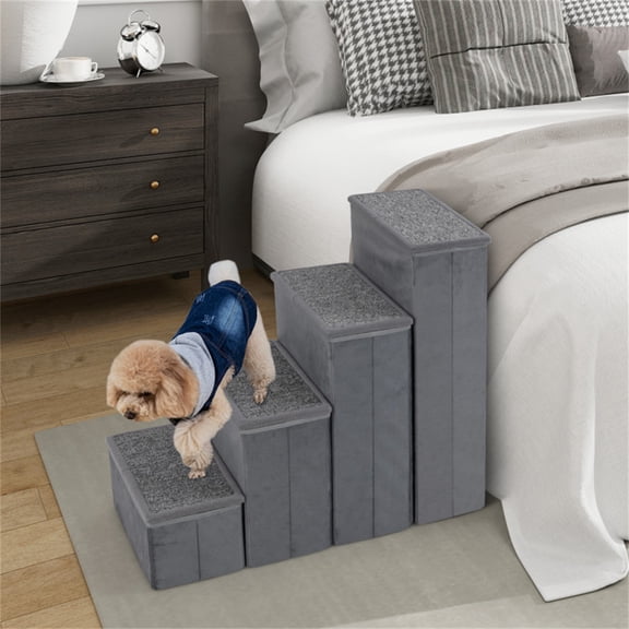 ZephyPaws 4-Step Foldable Dog Stairs with Storage Compartments, 200 kg Capacity Pet Stairs for Small Medium Dogs, Non-Slip Carpet & Velvet Steps, Grey MDF Staircase for Bed, Couch, Sofa Accessibility