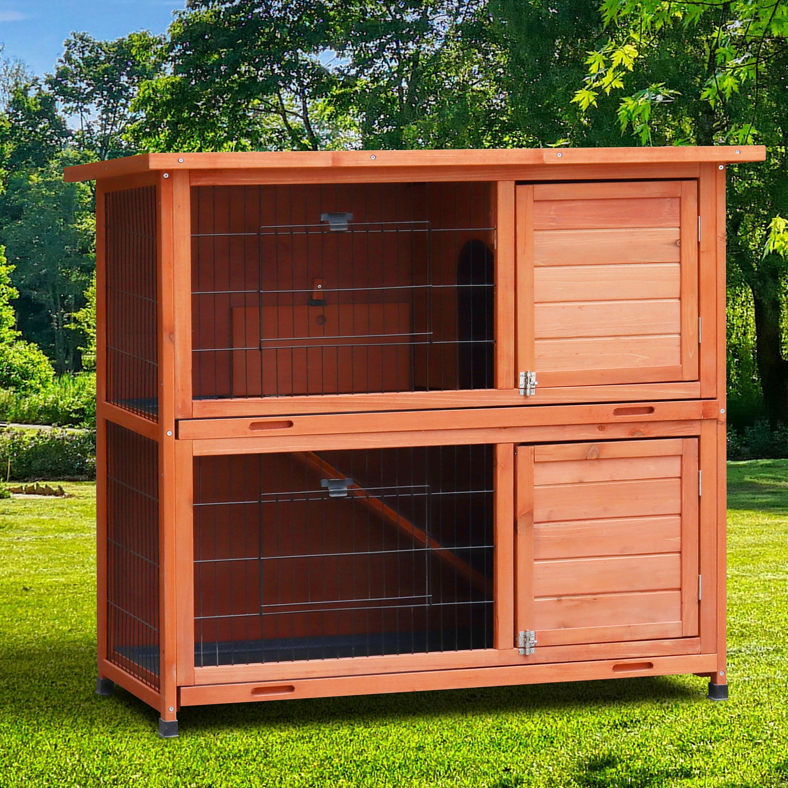 ZephyPaws 41" Two Story Rabbit Hutch Bunny Cage,Indoor Outdoor Guinea Pig Cage with 2 Deep No Leak Tray for Small Animal,Orange