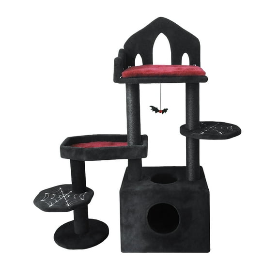 ZephyPaws 44.5" Black Gothic Halloween Cat Tree with Coffin Bed, Scratching Posts & Spooky Cat House, Black & Red